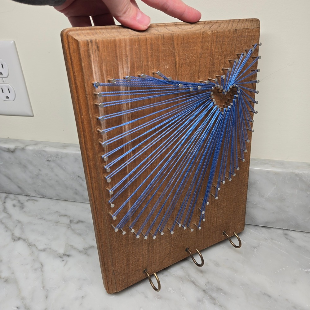 Handmade Blue Heart String Art of Ohio Wood Plaque Key Holder Wall Decor 3 Hooks - Picture 2 of 11